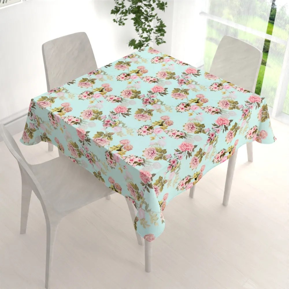 Biante Zamatový štvorcový obrus Tamara TMR-038 Ružová záhrada na svetlo modrom 80x80 cm