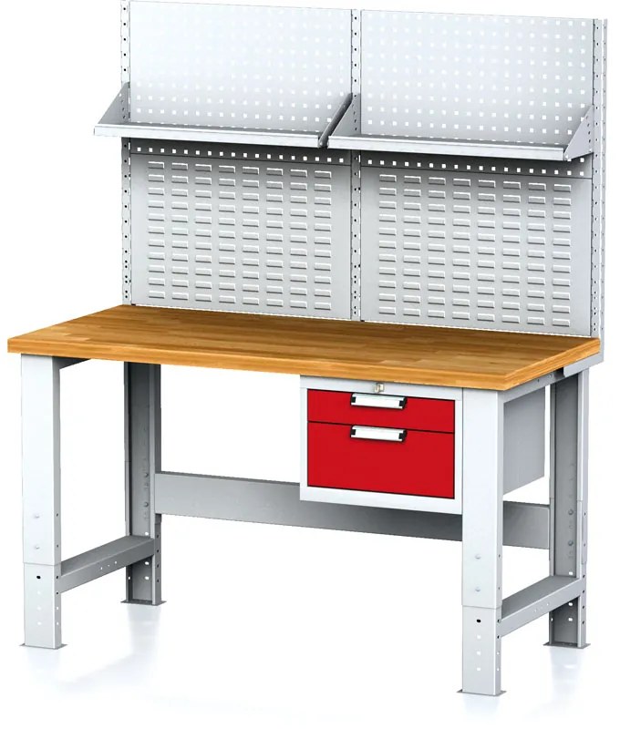 Alfa 3 Nastaviteľný dielenský stôl MECHANIC I , závesný box na náradie, nadstavba, polica, 2 zásuvky, 1500x685x700-1055 mm, červené