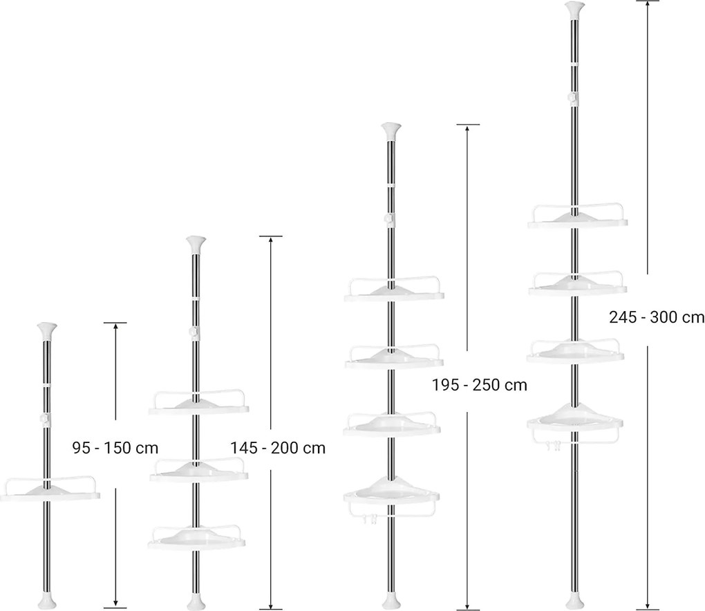 Nastaviteľná kúpeľňová rohová polica, teleskopická sprchová polica, 95-300 cm, biela