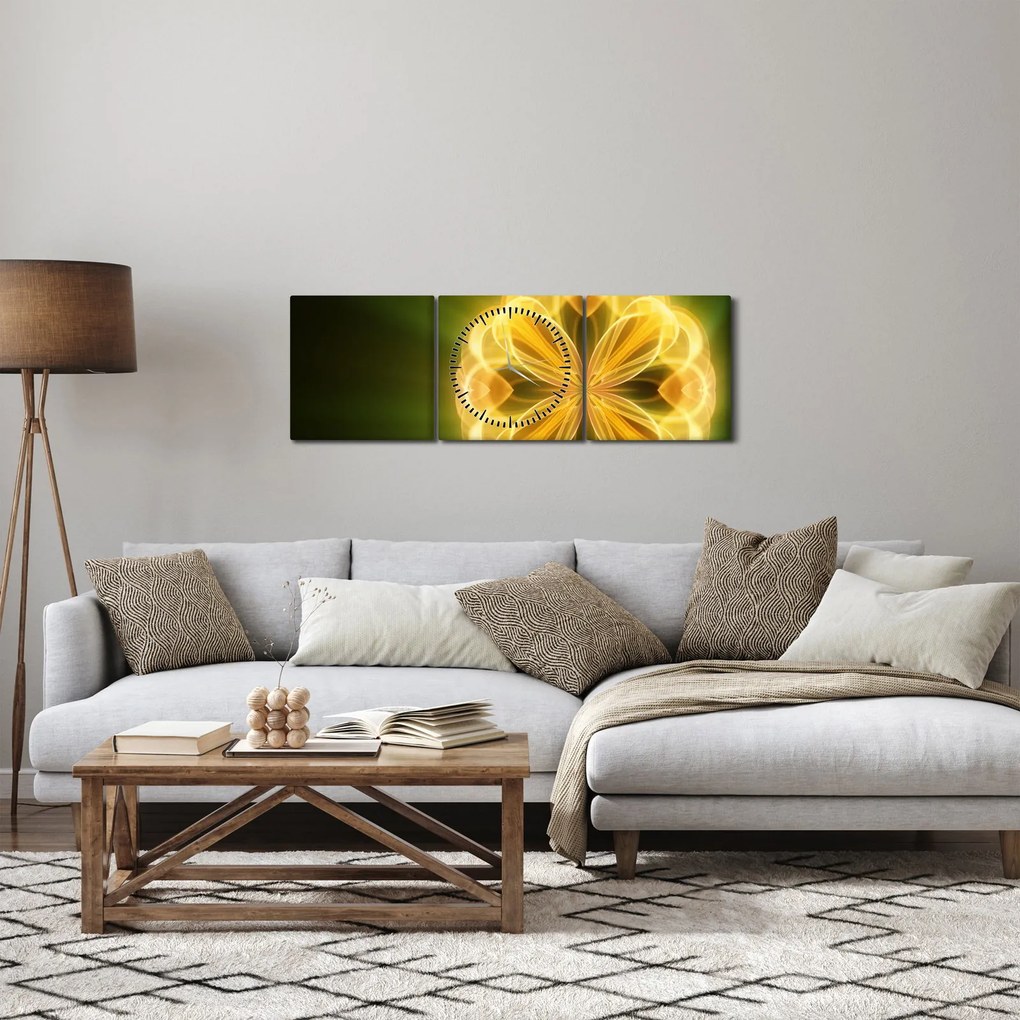 Obraz žltej kvetiny (s hodinami) (90x30 cm)