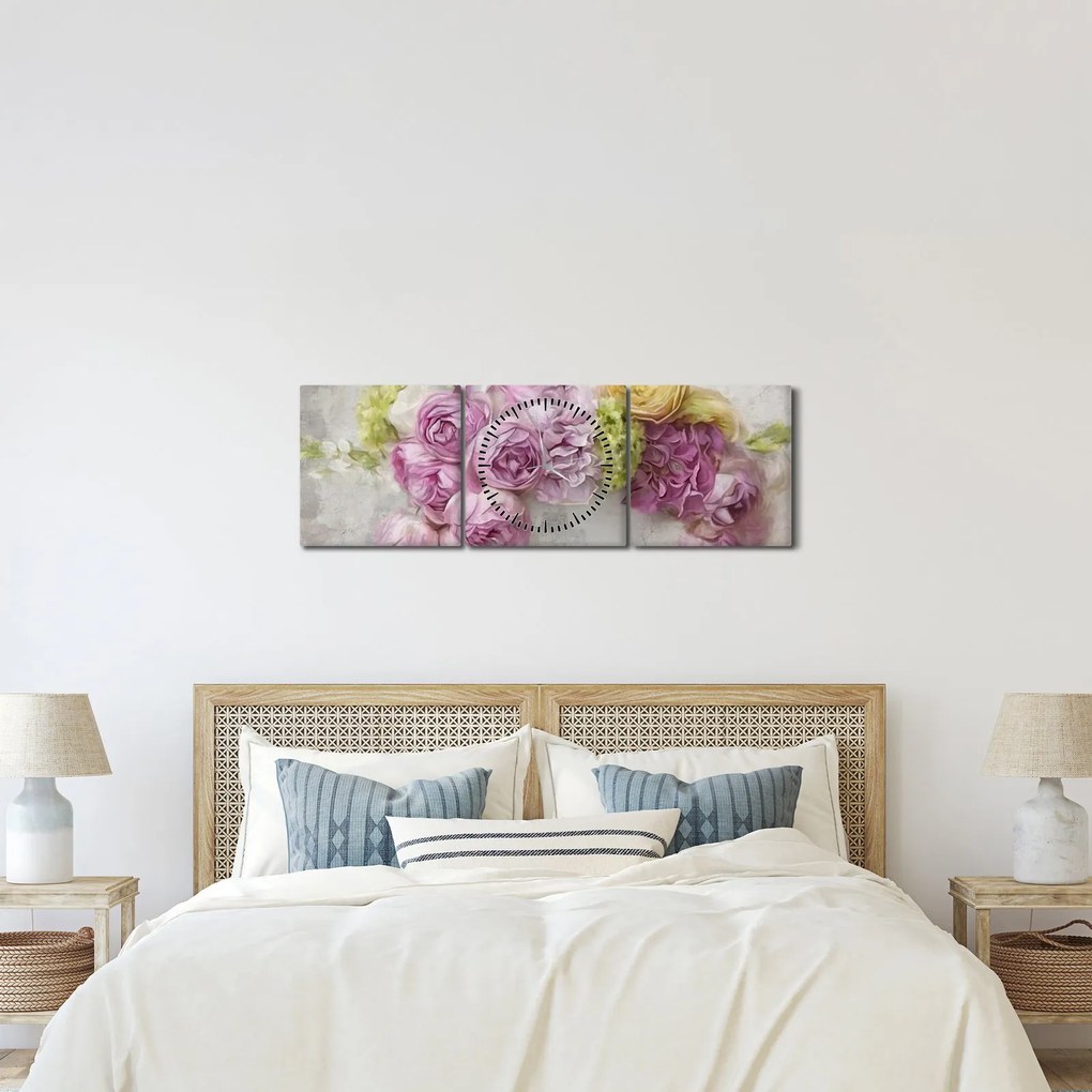 Obraz - Kvety na stene v pastelových farbách (s hodinami) (90x30 cm)