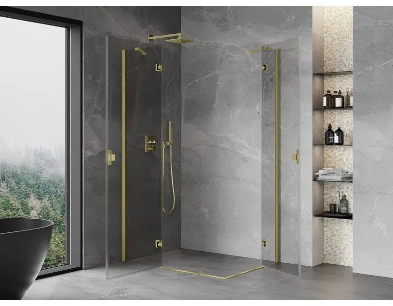 Mexen Mist-H Duo, 2-krídlový výklopný sprchový kút 110 x 90 cm, číre sklo, zlatý matný profil, 8A5-110L-090P-55-00