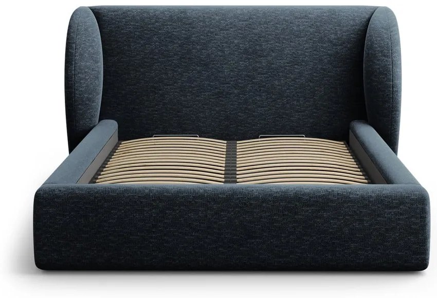 Tmavomodrá čalúnená dvojlôžková posteľ s úložným priestorom s roštom 160x200 cm Miley – Micadoni