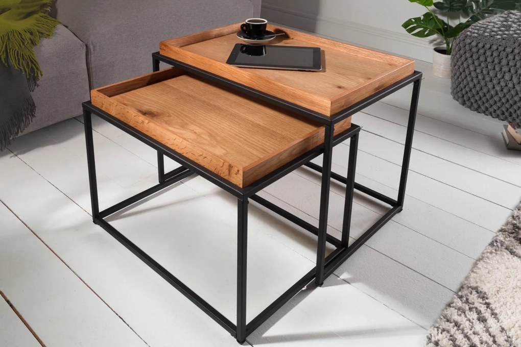 Nemecký výrobca Drevený konferenčný stolík s táckou - masív dub, set 2 ks