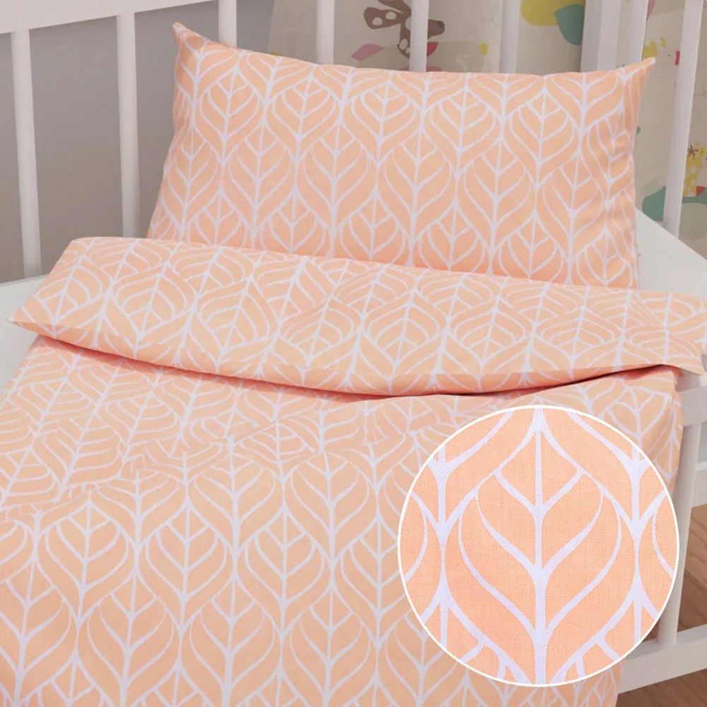 Biante Detské bavlnené posteľné obliečky do postieľky Sandra SA-213 Listy na marhuľovo oranžovom Do postieľky 90x120 a 40x60 cm