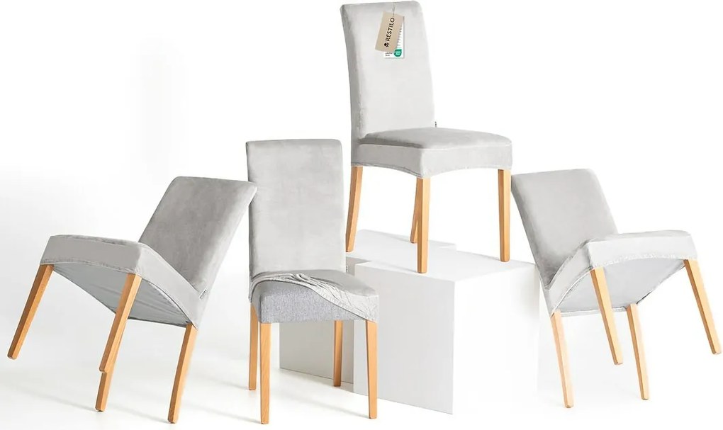 Restilo Napínací poťah na stoličku Sento strieborná, 48 x 48 x 58 + 10 cm, súprava 4 ks