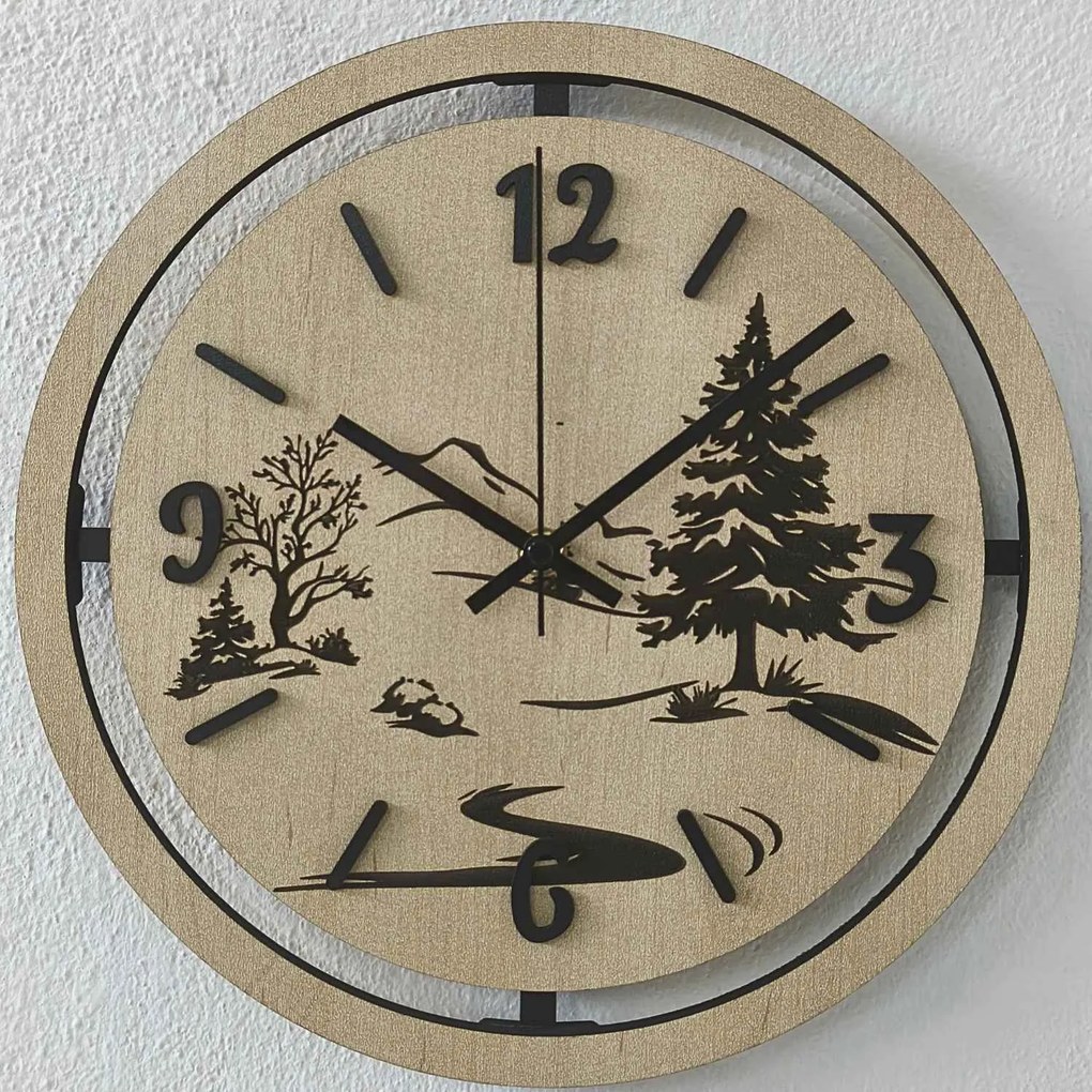 Nástenné hodiny Lesná krajina gravírované | PUPOU: HDF - Javor 30 cm 4795-115320 HDF0607