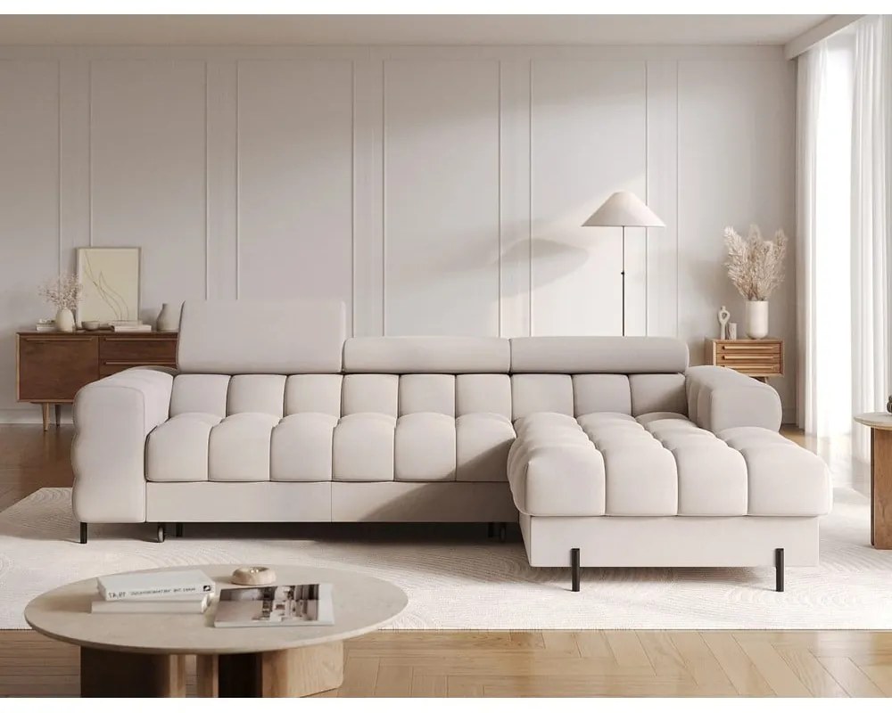 Béžová zamatová rozkladacia/s úložným priestorom rohová pohovka (pravý roh/s leňoškou) Felro – ELTAP