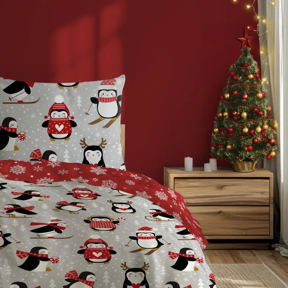 Vianočné bavlnené posteľné obliečky – motív Tučniaky a snehové vločky - 100% bavlna - 70 x 90 cm + 140 x 200 cm
