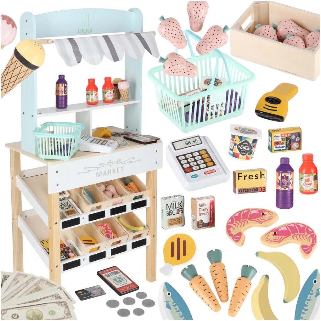 KIK Drevený stánok supermarket s pokladňou, košíkom a potravinami pre deti LULILO