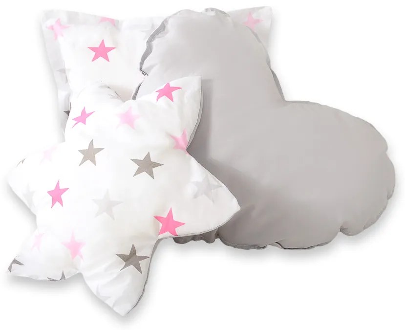 Bobono Stan Teepee pre deti + podložka na hranie + vankúše + ozdobné perie - Stars pink-grey/grey