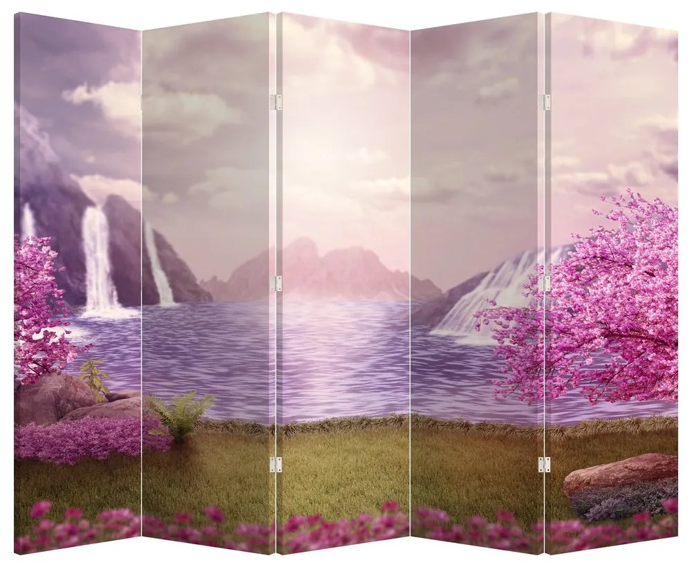 Paraván - Ružové stromy s jazerom (210x170 cm)