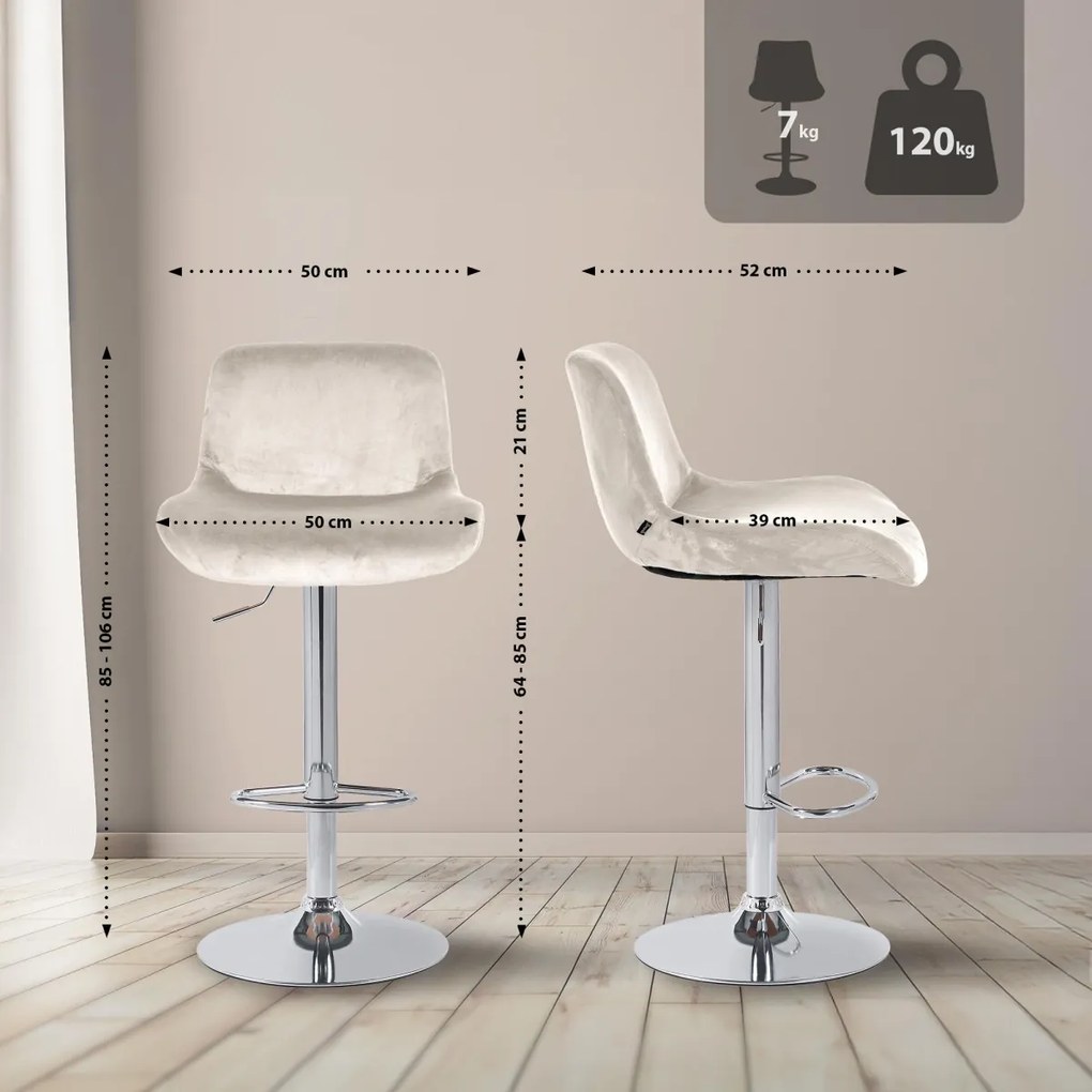 Barová stolička Solon - zamat, chróm rám - krémová