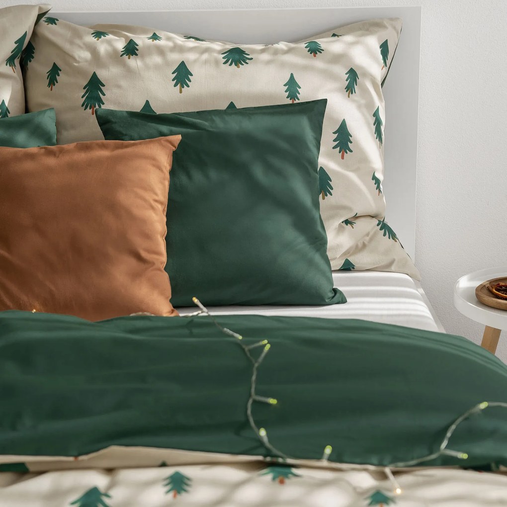 Goldea bavlnené posteľné obliečky duo - stromčeky na režnom s tmavo zelenou 200 x 200 a 2ks 70 x 90 cm