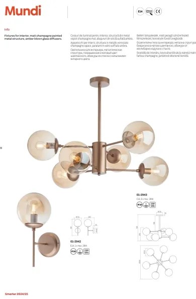 Redo 01-2943 - Luster na tyči MUNDI 6xE14/28W/230V meď