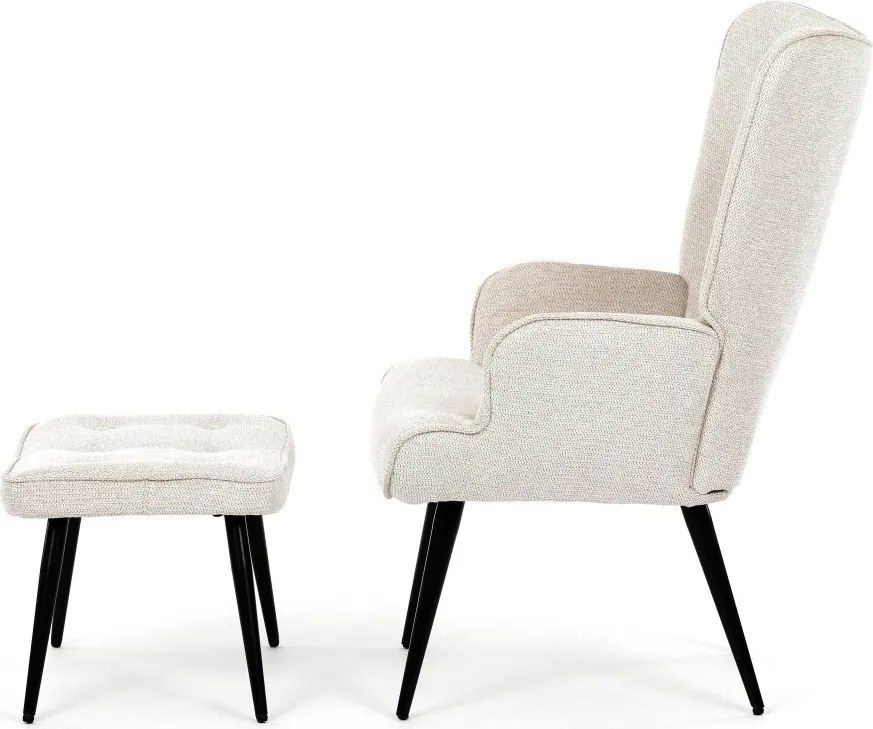 Relaxačné kreslo ušiak s taburetom ROYAL II — kov, látka, krémová