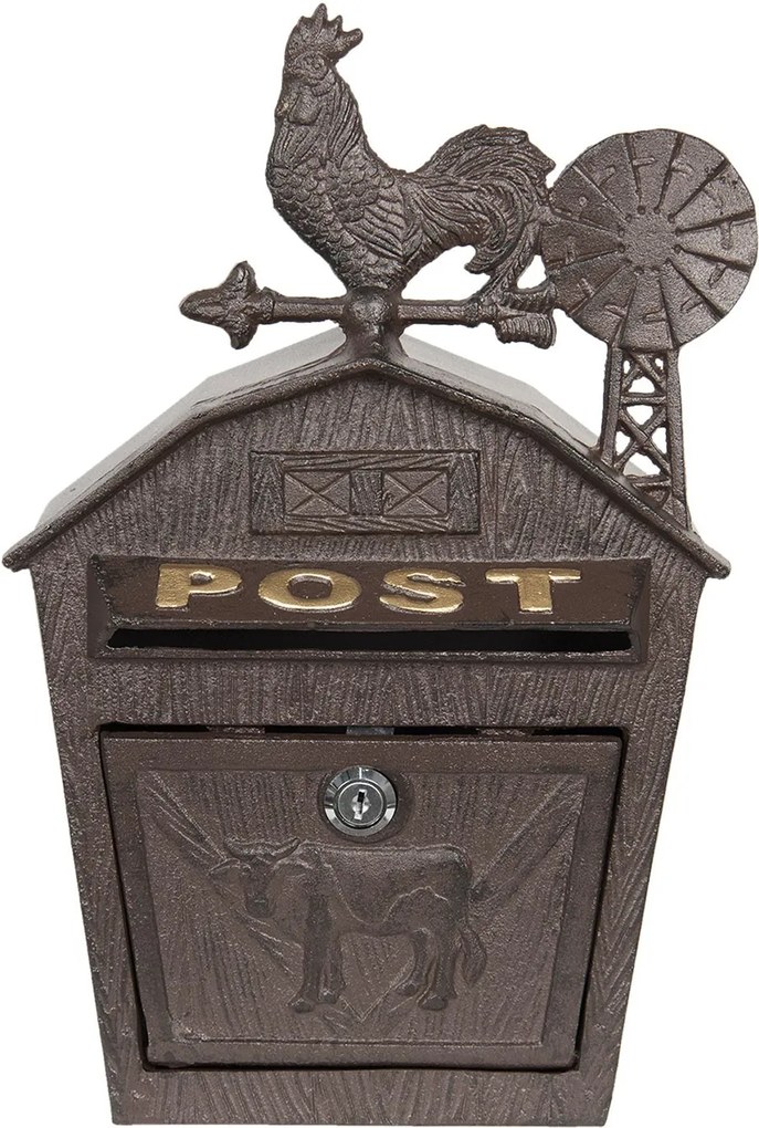 Hnedá kovová poštová schránka s kohútom - 24 * 9 * 38 cm