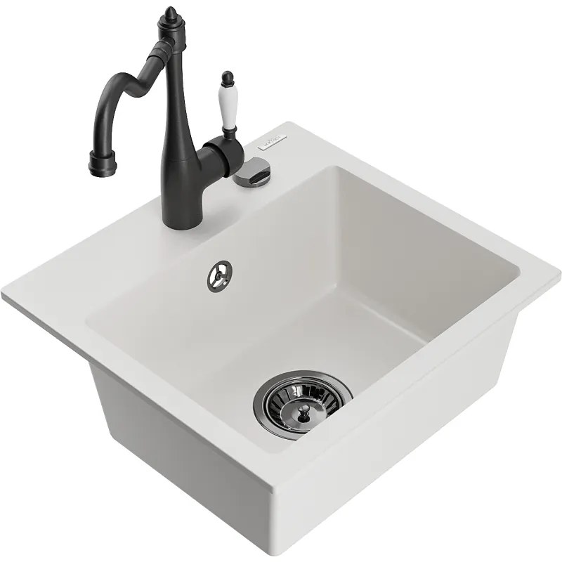 Mexen Milo, granitový drez 435x410x171 mm, 1-komorový a drezová batéria Carla, biela, 6505-20-670700-70