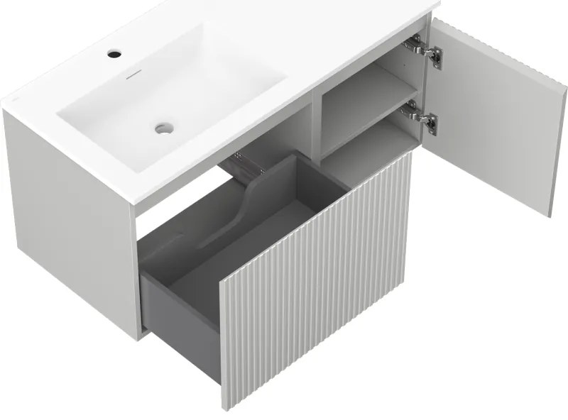 Mexen Rivel, kúpeľňová skrinka 100 cm s ľavým umývadlom Otis, 1S, 1D, drážkovaná, sivá matná/biela matná - 91A23-10047-3-BBFF62-W18L01