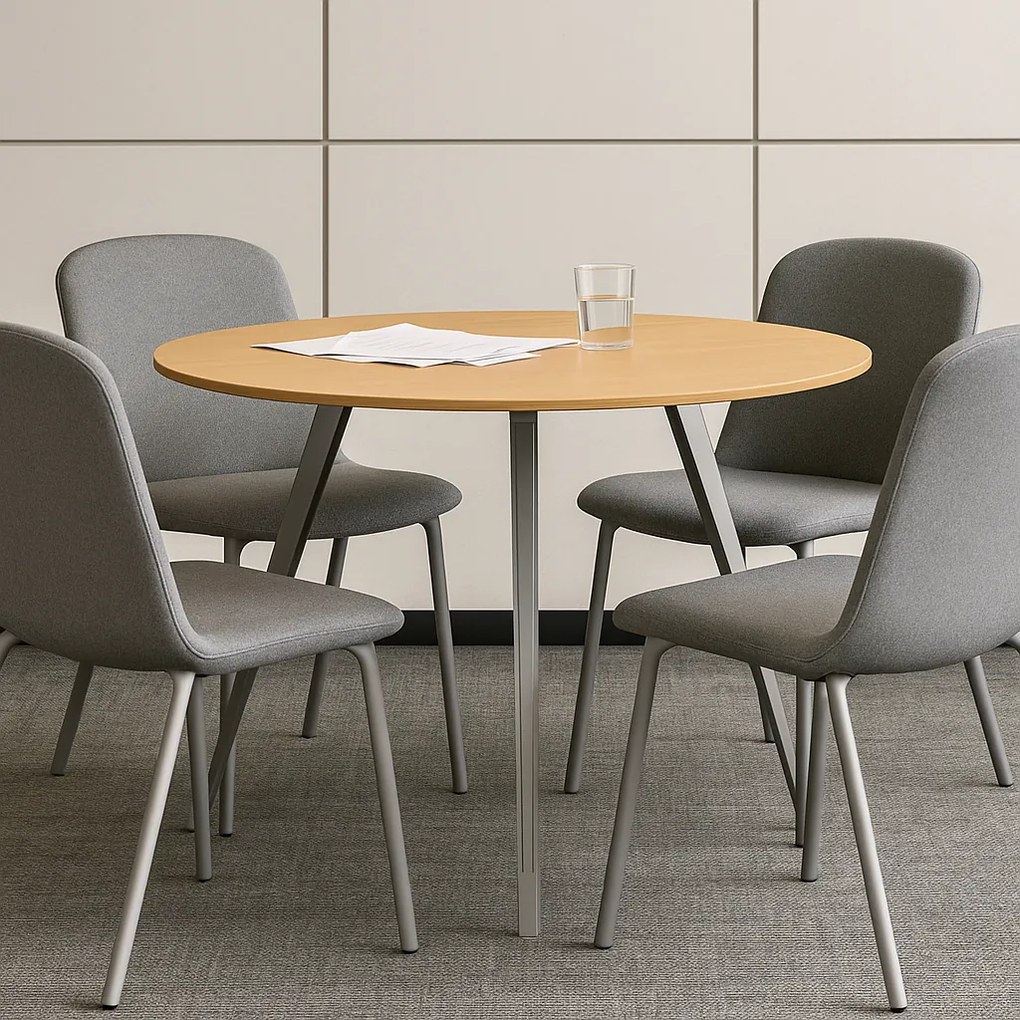 Konferenčný stôl PRIMO ZEN, priemer 100 cm, sivostrieborná podnož, dub prírodný