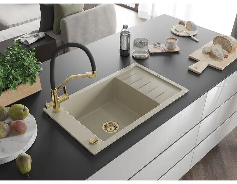 Mexen Elias, 1-komorový granitový drez 795x480x200 mm a drezová batéria Duo, béžová, 6511-69-671701-57-G