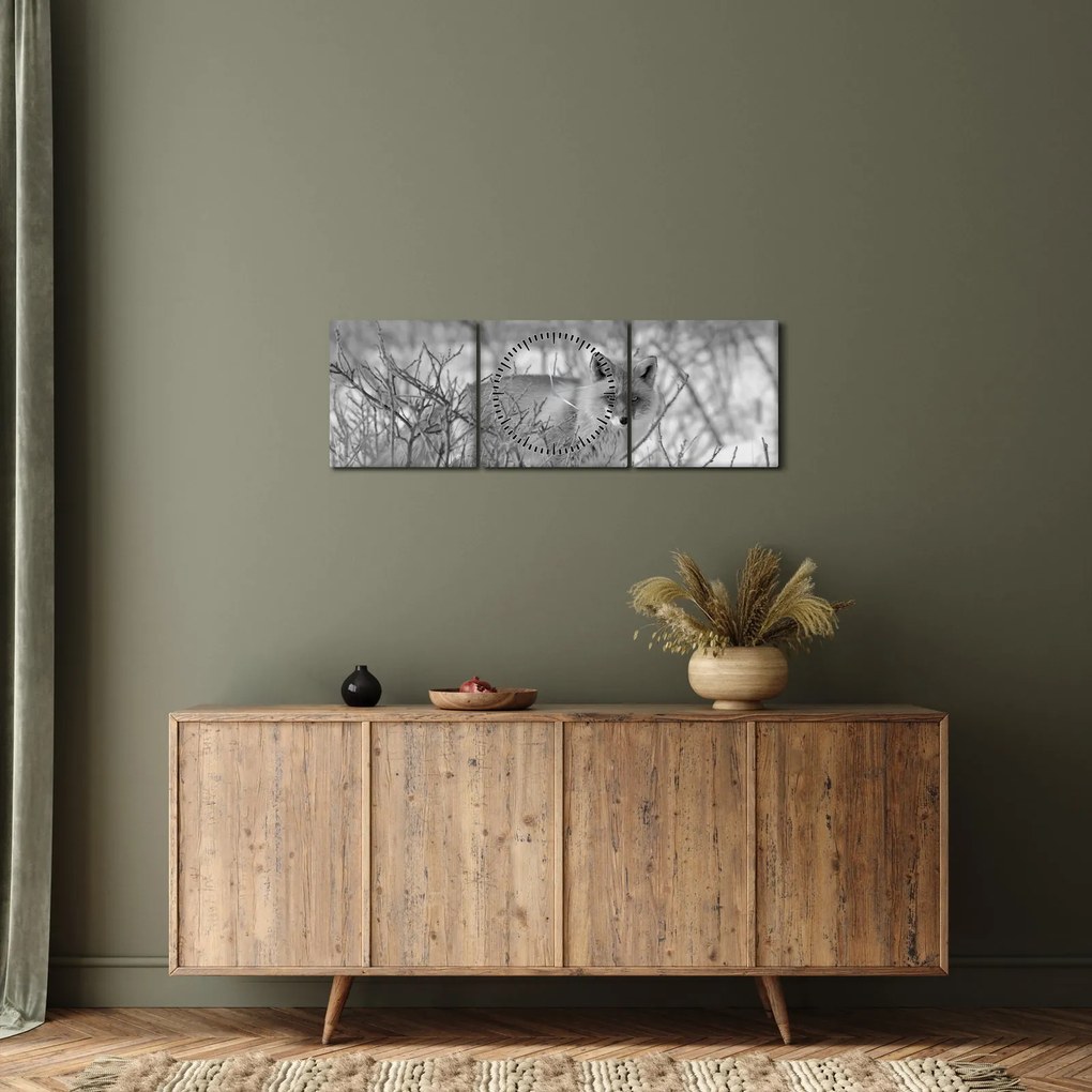 Obraz - Lišiak, čiernobiela (s hodinami) (90x30 cm)