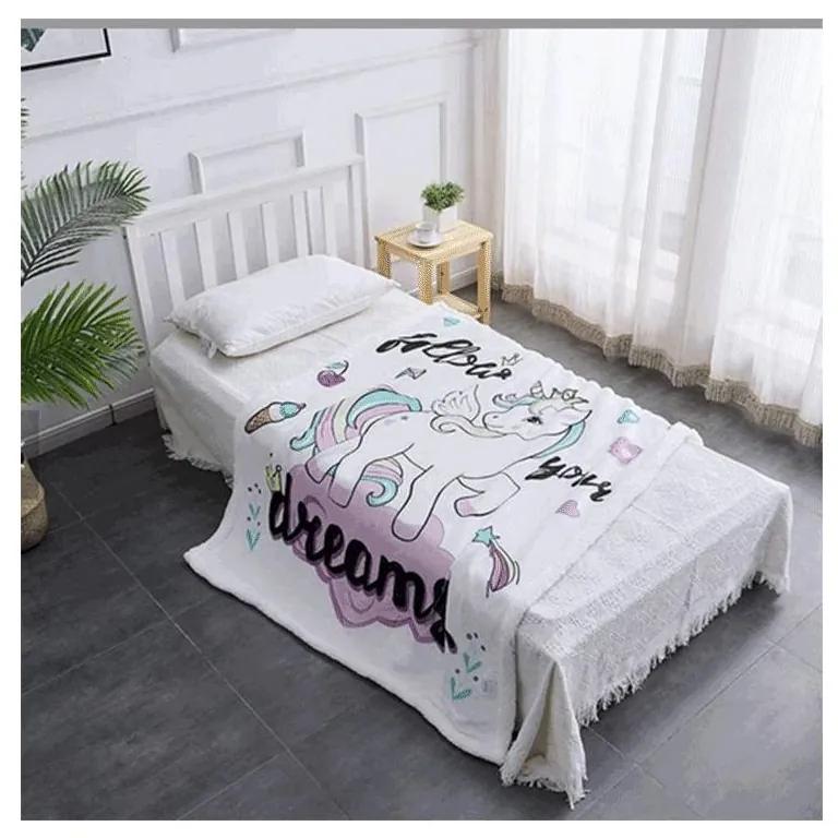 Tempo Kondela Obojstranná baránková deka, biela/detský motív jednorožec, 127x152cm, UNIKORN