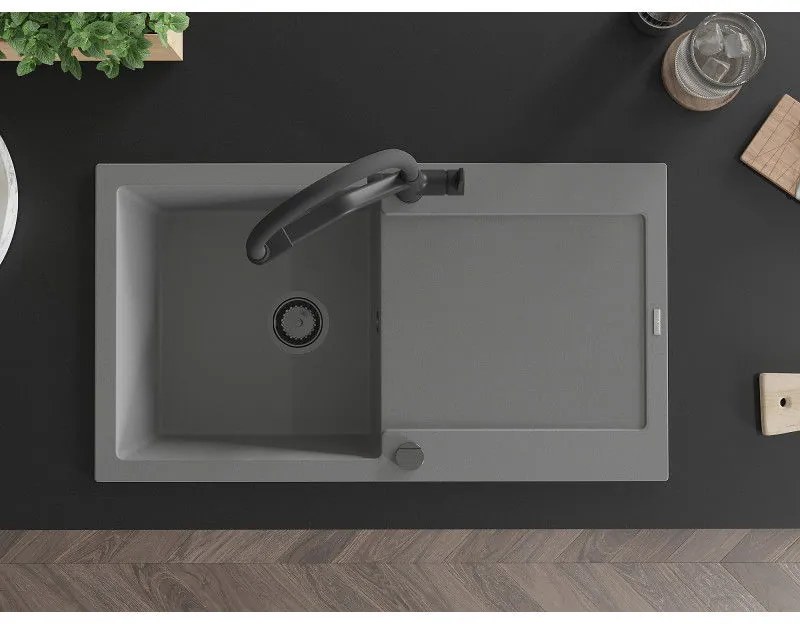 Mexen Leo, 1-komorový granitový drez 900x500x190 mm a drezová batéria Duo, šedá, 6501-71-671701-70-B