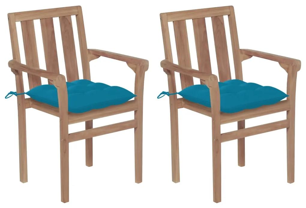 Záhradné stoličky 2 ks, svetlomodré podložky, tíkový masív