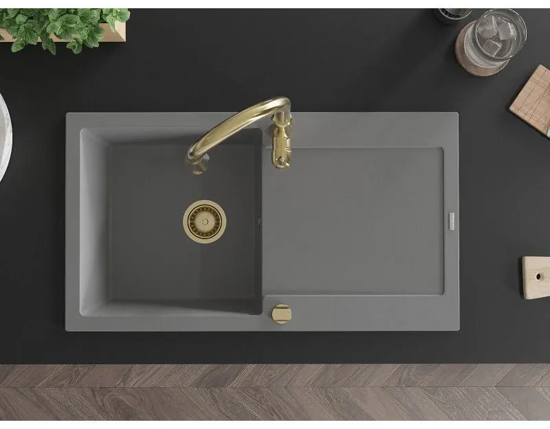 Mexen Leo, 1-komorový granitový drez 900x500x190 mm a drezová batéria Savita, šedá, 6501-71-672601-50