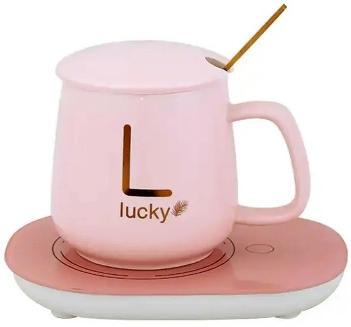 Sada keramického hrnčeka s elektrickým ohrievačom Lucky v darčekovom balení - pink
