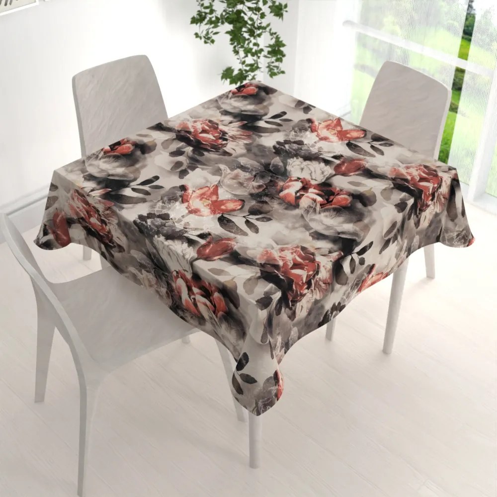 Biante Dekoračný štvorcový obrus Parma PM-111 Tehlovo červené kvety na dymovo sivohnedom 80x80 cm