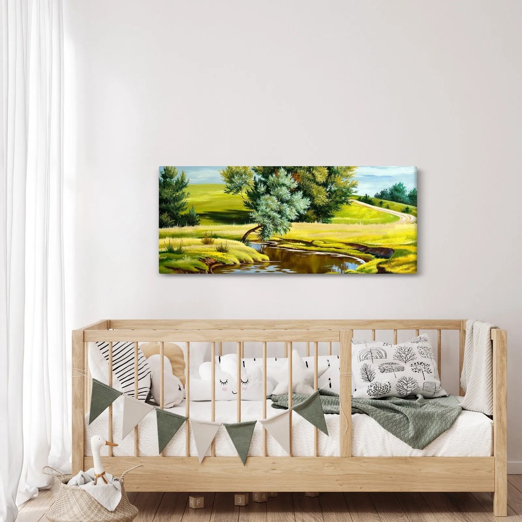 Obraz - Rieka medzi lúkami, olejomaľba (120x50 cm)