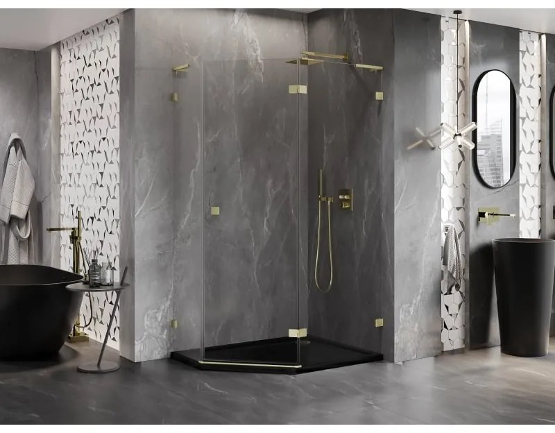 Mexen Lunar, L pravý výklopný päťuholníkový sprchový kút 90 x 80 cm, 8mm číre sklo, zlatý matný profil, 831L-090P-080L-55-00-P