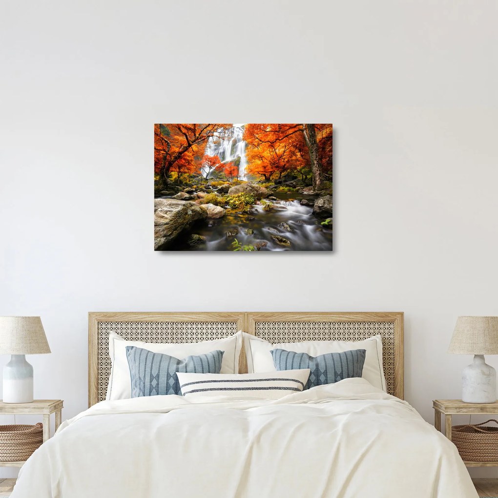 Sklenený obraz - Vodopády v jesennej krajine, oranžový (70x50 cm)