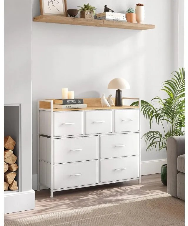 Komoda s látkovými zásuvkami Vasagle Busman dub biela/biela
