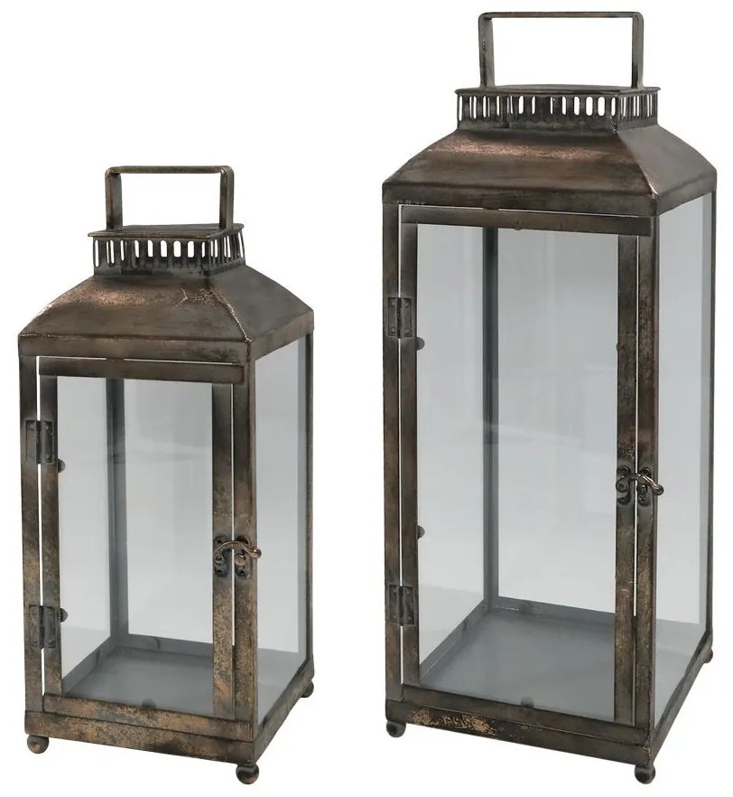 Set 2ks zlatá antik kovová lampáš Janny - 20*20*56/ 16*16*41 cm