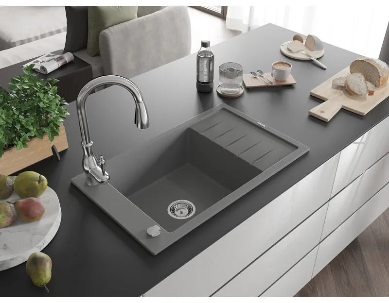 Mexen Elias, 1-komorový granitový drez 795x480x200 mm a drezová batéria Savita, šedá, 6511-71-672601-00