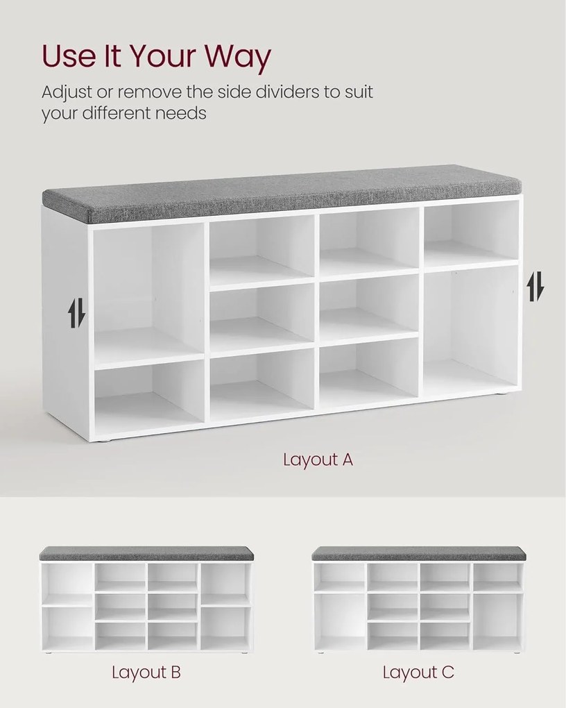 Lavička na topánky, odkladacia lavica s čalúneným sedadlom a 12 priehradkami, biela a sivá