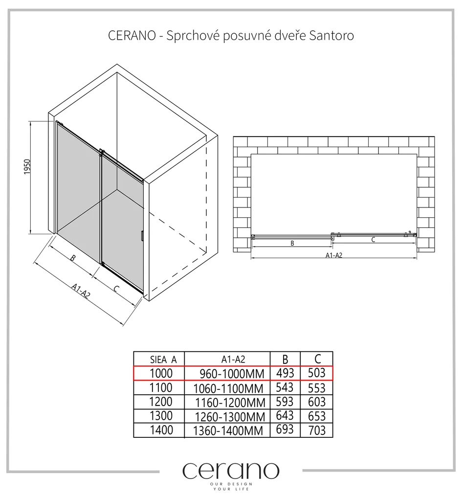 Cerano Santoro, sprchové posuvné dvere 100x195 cm, 6mm šedé sklo, čierny profil, CER-CER-424945