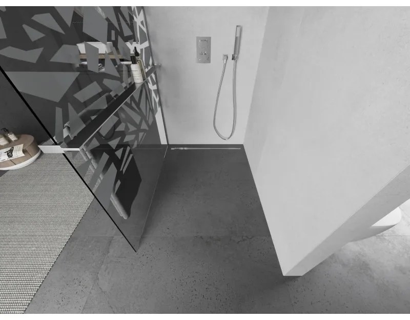 Mexen Kioto+ L, sprchová zástena Walk-In s poličkou a vešiakom 100 x 200 cm, 8mm číre sklo biely vzor, chrómový profil, 800-100-123-01-85