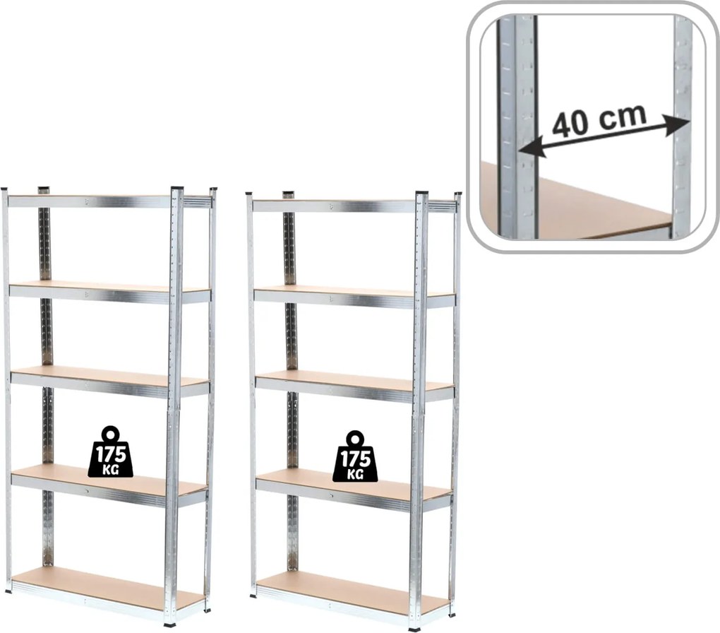 CH Sada dvoch 5-policových kovových úložných regálov Tosca IX. 180 x 90 x 40 cm