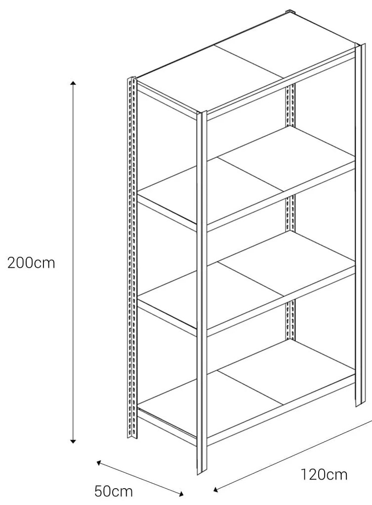 Bezskrutkový kovový regál 200x120x50cm T profil, 4 police