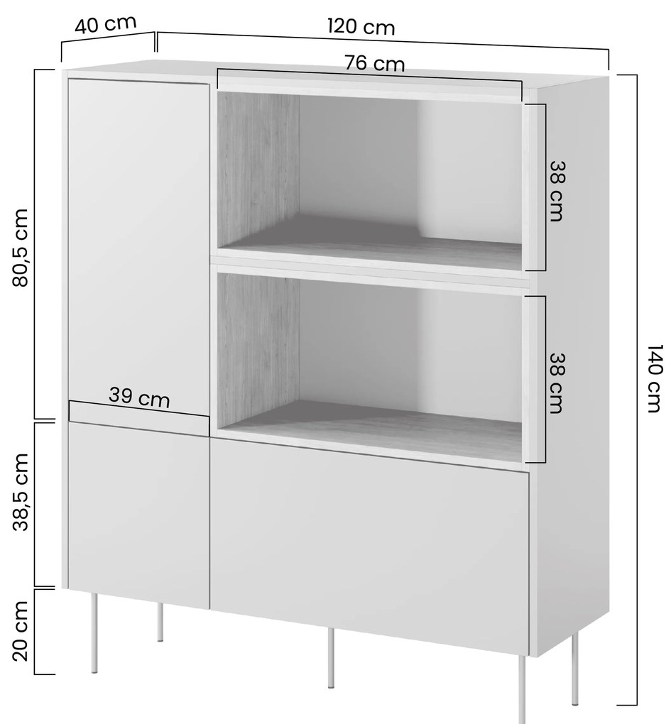 Komoda Desin 120 cm s otvorenými policami a zásuvkou - kašmír / dub nagano