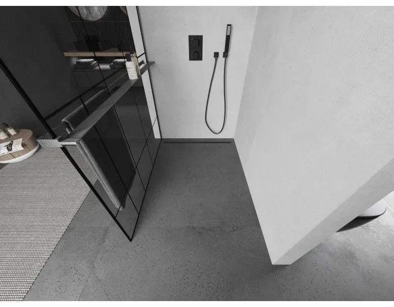 Mexen Kioto+, sprchová zástena Walk-In s poličkou a vešiakom 90 x 200 cm, 8mm číre sklo čierny vzor, grafitový profil, 800-090-121-66-78