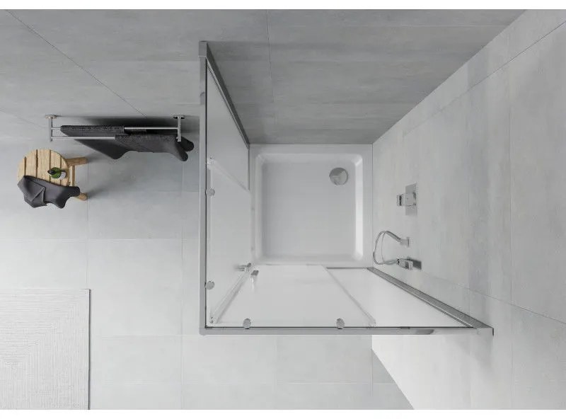 Mexen Rio, štvorcový sprchovací kút s posuvnými dverami 70(dvere) x 70(dvere) x 190 cm, 6mm sklo námraza, chrómový profil + biela sprchová vanička SLIM, 860-070-070-01-30-4010