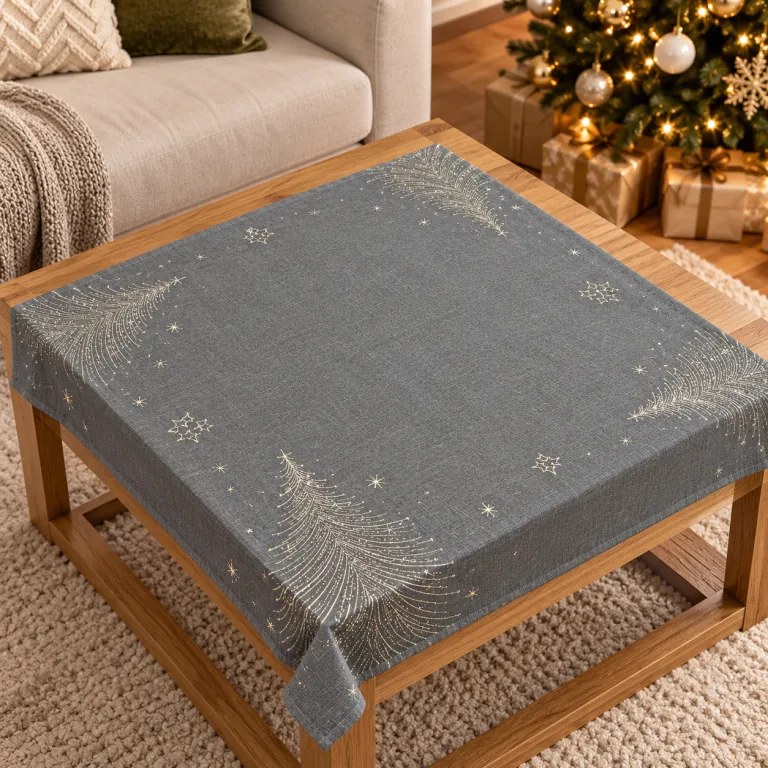 Vianočný vyšívaný obrus Stromček sivo-zlatý 85x85 cm TiaHome