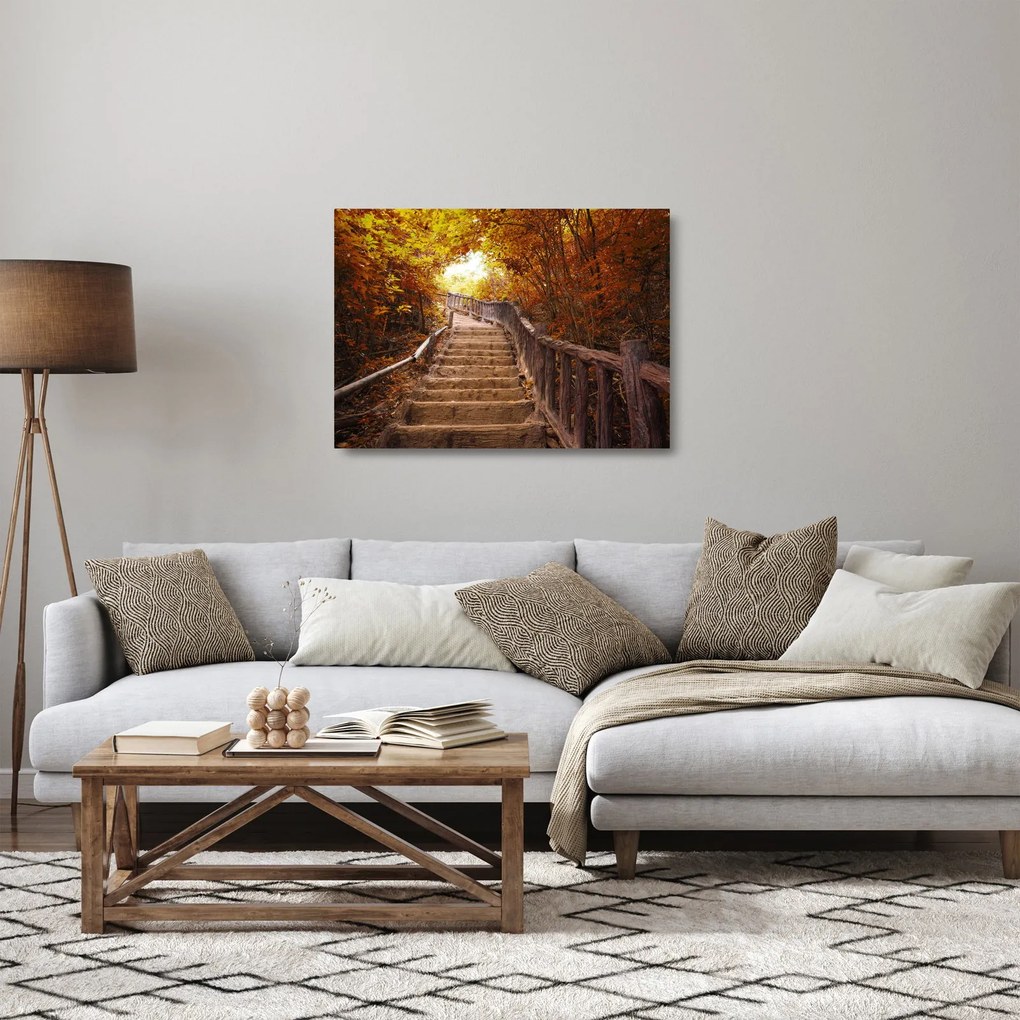 Sklenený obraz - Schody v prírode na jeseň (70x50 cm)
