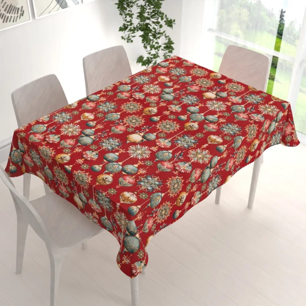 Biante Bavlnený obdĺžnikový obrus Sandra SA-528 Vianočné banky na červenom 120x200 cm