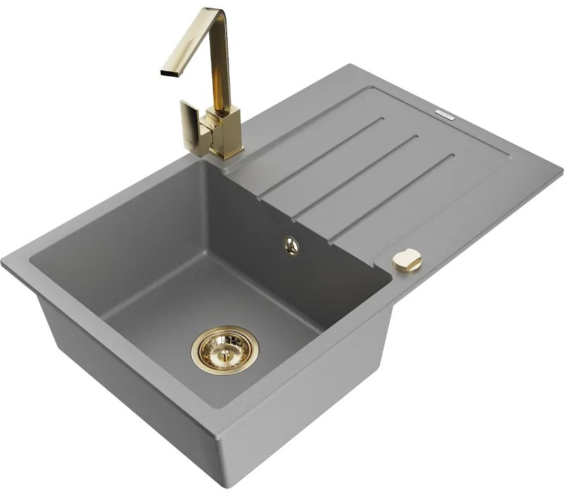 Mexen Bruno, drez granitový 795x495x200 mm, 1-komorový, šedá so zlatým sifónom a zlatá drezová batéria Rita, 6513-71-670300-50